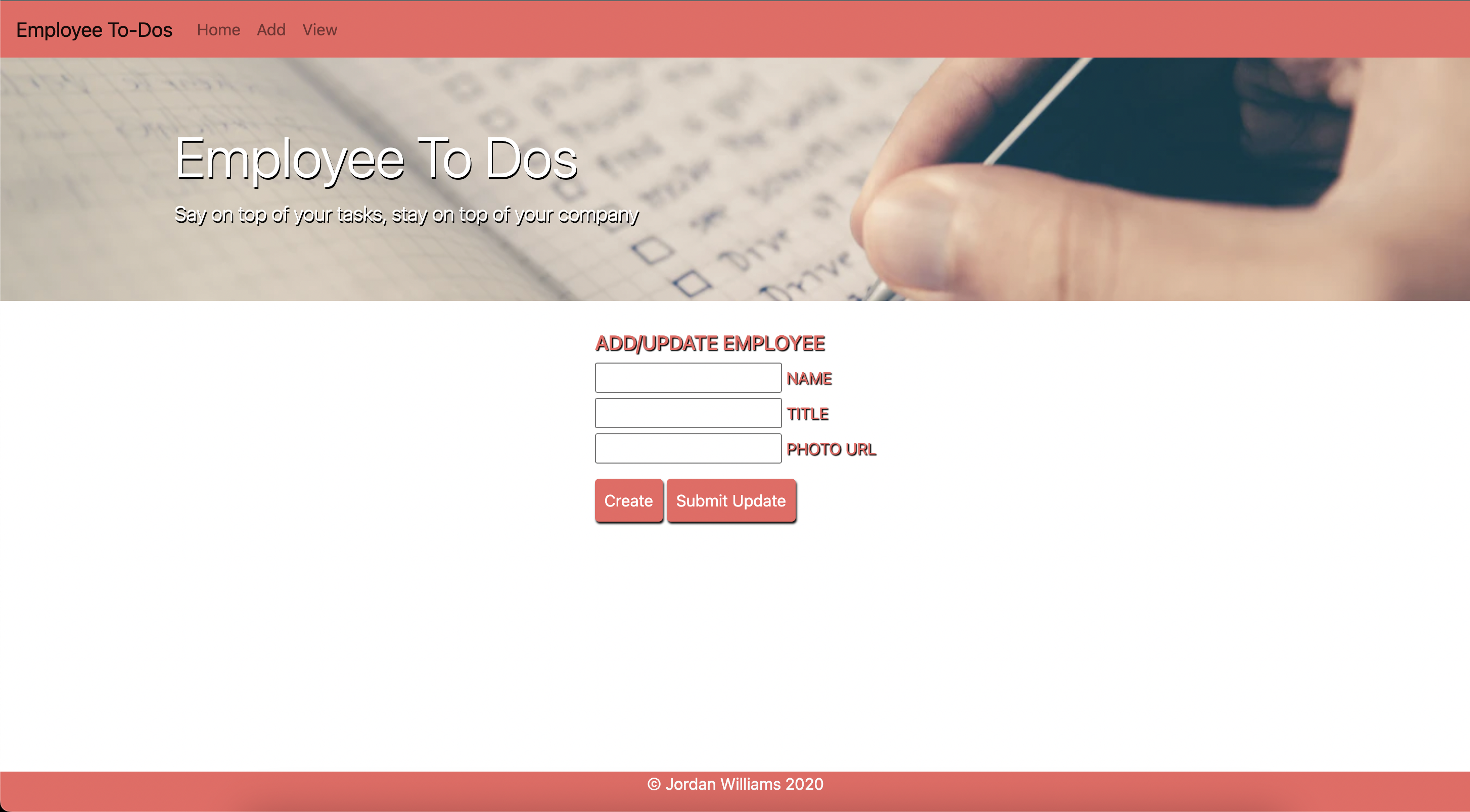 Screenshot of app to with an interface to add employees to a list with their name, title, and photo.