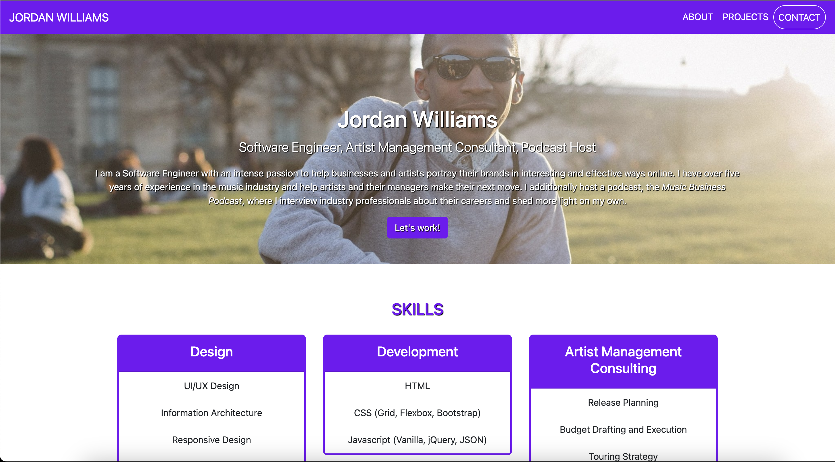 A screenshot of an early personal portfolio website built with HTML, CSS, and JavaScript.