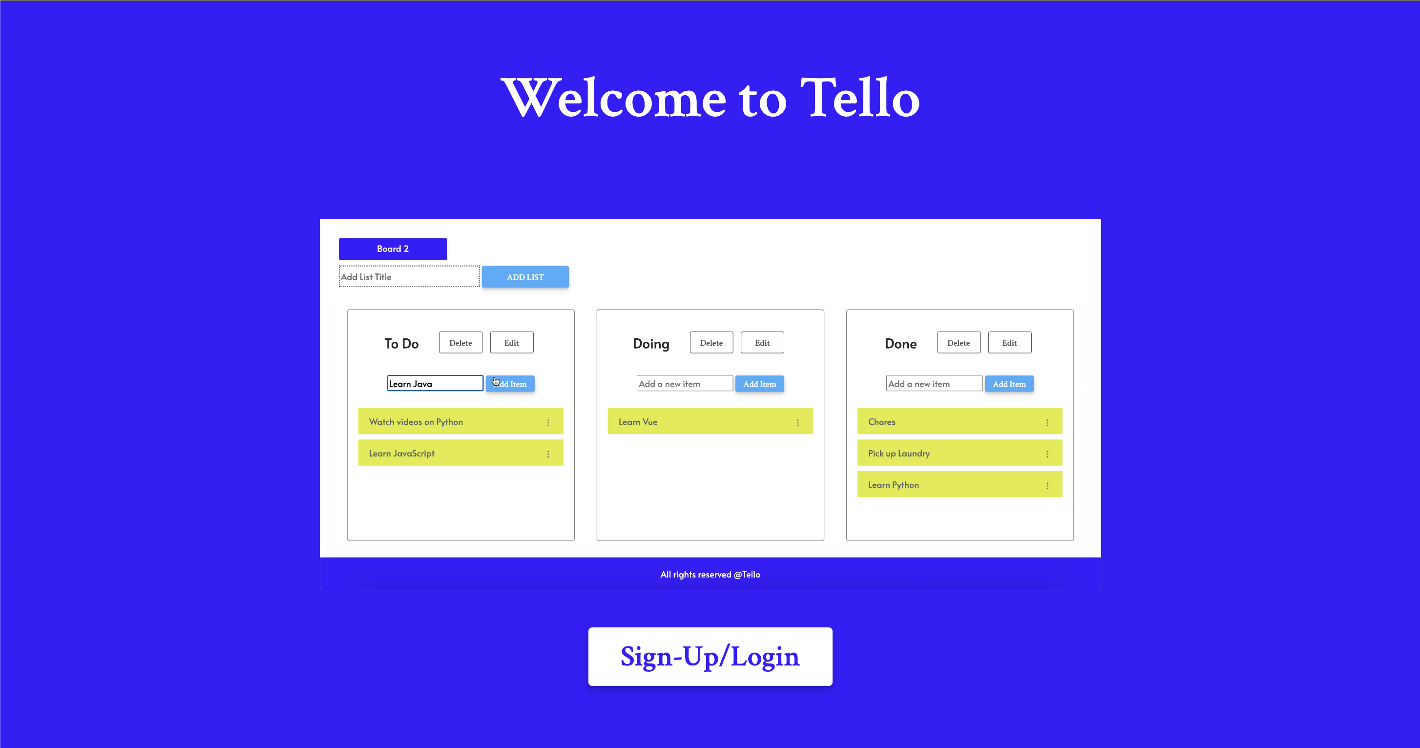 Blue homepage with embedded video of using drag and drop trello clone feature